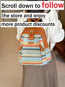 Fashionable Rainbow-Striped Woven Straw And PU Patchwork Backpack: A Casual, Vacation-Style, Large-Capacity Straw Backpack Perfect For Beach Vacations - Multicolor - View 3