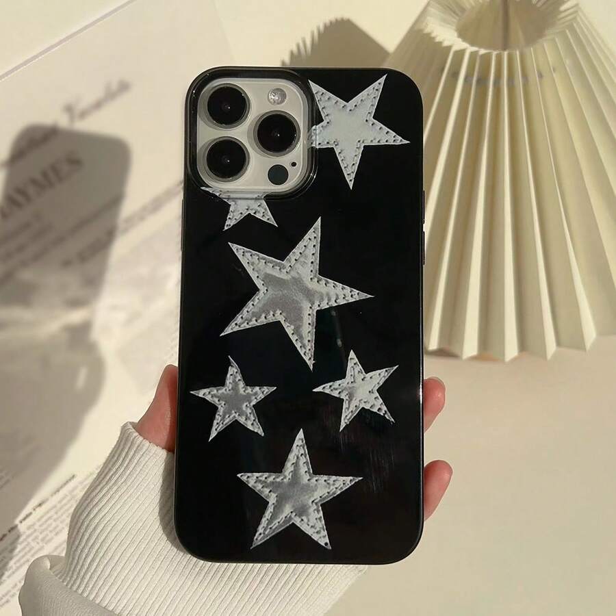 2000 年代时尚 Y2k 1 件亮面黑色和银色五星图案手机壳适用于 Apple 兼容 11、 13、 14 Pro Max 防水防震防摔防刮 - 黑與白 - 查看 1