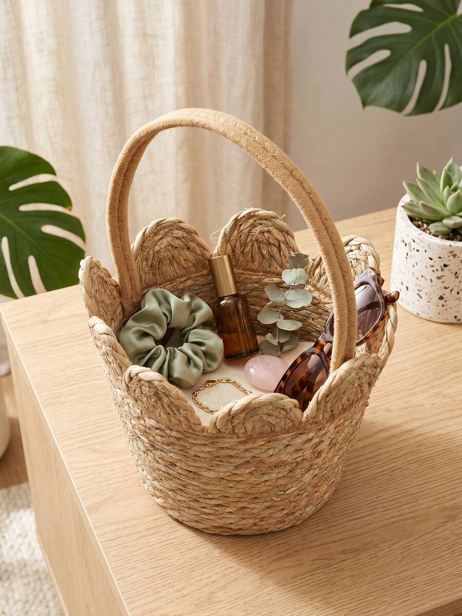 1pc Handwoven Seagrass Storage Basket, Kitchen Organizer Bin, Multipurpose Basket For Pantry, Countertop, Cabinet & Bedroom, Farmhouse Home Decor, Rustic Boho Woven Organizer For Closet, Living Room - View 1
