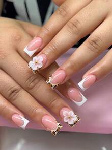10pcs Short Square Press-On Nails, Pink Nude White French Ombre Leopard Print With 3D White Flower And Gold Stud Decor, Reusable Full Coverage Fake Nails, Suitable For Women Girls Daily Date Party Wedding Manicure Handmade Press On Nails - Multicolor - View 2