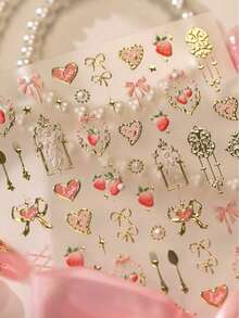 5D Embossed Summer Strawberry Coquette Nail Stickers, Gold Foil Angel Frame & Heart Bow Self-Adhesive Nail Decals, Victorian Sweet Aesthetic DIY Manicure Decoration For Home Salon Nail Art & Press On Nails Accessories 1 Sheet - Pink - View 11