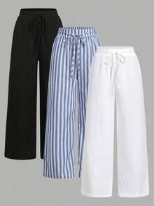 Set Of 3 High-Waisted Loose Straight-Leg Trousers With Drawstring And Pockets, Solid Color And Versatile, Suitable For Spring/Summer - Camel - View 1
