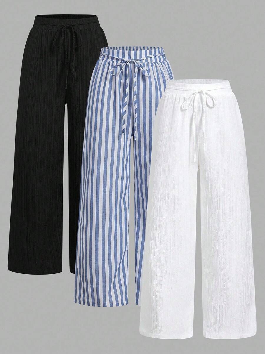 Set Of 3 High-Waisted Loose Straight-Leg Trousers With Drawstring And Pockets, Solid Color And Versatile, Suitable For Spring/Summer - Camel - View 1