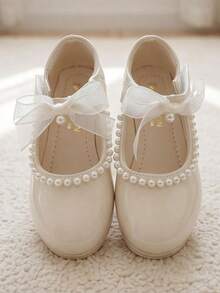 Best Seller - 3-12 Years Old Girls Light White High Heels, Glossy Pearl Trim, Mesh Bow, Gentle And Exquisite Style - Beige - View 2