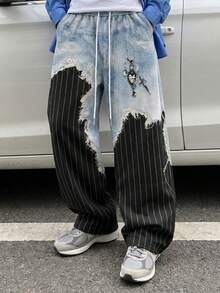 Fractyr Men's Frayed Denim Striped Patchwork Wide Leg Pants, Elastic Waist Gothic Pendant Print Casual Street Style Long Pants - Black - View 5