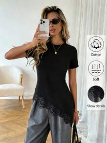 Camiseta casual de mujer de unicolor con ribete de encaje asimétrico y patchwork, elegante top para vacaciones, playa, días festivos y uso diario, color negro, nueva primavera/verano - Negro - Ver 7