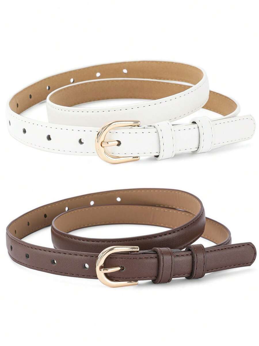 2 piezas Cinturón con hebilla color camello con perforador de agujeros - Blanco + Marrón café - Ver 1