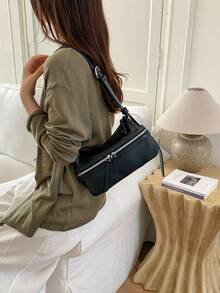 1 pieza Bolso bandolera de moda para mujer, tela de cuero PU de unicolor, bolso de hombro con forma de media luna para mujer, decoración con cremallera, correa de hombro ajustable, adecuado para viajes, fiestas, desplazamientos y otras ocasiones. Regalo para mujer, compras, trabajo, citas, oficina - Negro - Ver 4