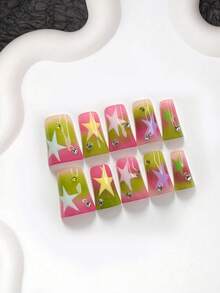10pcs Summer Style Handmade Press-On Nails, Polygel Nail Art Set, Star & Rhinestone Decor, White, Yellow, Purple, Green Nail Polish, Dopamine Style, Includes Nail Tools, 3 Sizes Available, Almond, Duck, Coffin Shape, Suitable For Party, Dancing, Daily Wear - 彩色 - 查看 17
