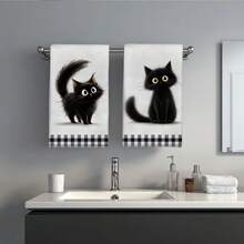 MEMNUN 2pcs Black & White Plaid Fluffy Black Cat Cartoon Long Hair Cat Print Kitchen Towels Dish Towels 40*60cm/45*70cm Super Soft Microfiber Modern Dish Cloths, Hand Towels, Home Decor, Kitchen Decor Cooking Baking Tea Towels Hand Towels Kitchen Accessories Machine Washable Cleaning Supplies Suitable For Restaurant Kitchen Holiday Decoration And Gifts All Seasons - Multicolor - View 9