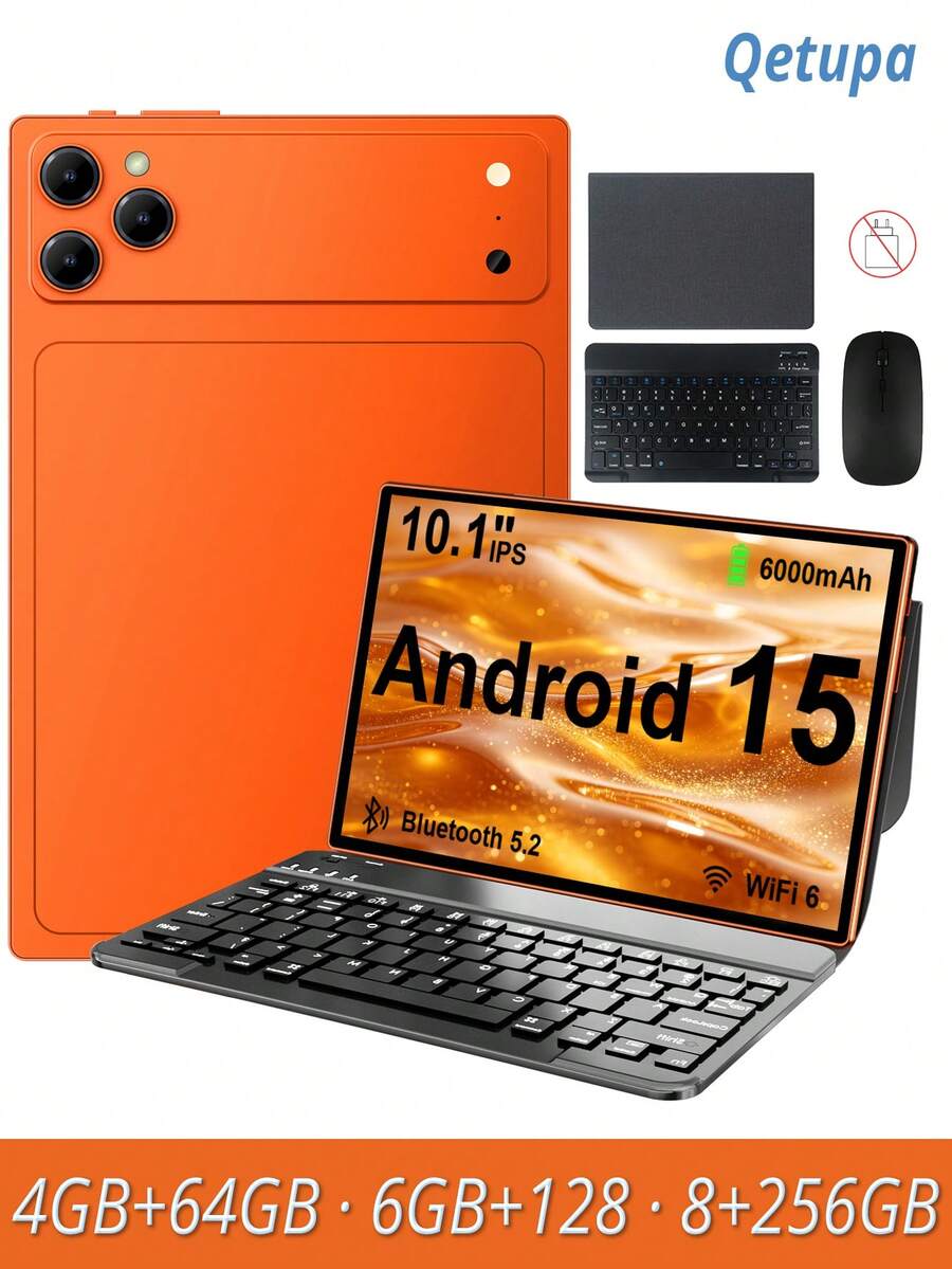 Qetupa Android 15 10.1英寸平板电脑,配备保护套、键盘和鼠标,8GB RAM + 256GB ROM(支持1TB SD卡扩展),MTK6771八核2.0GHz处理器,高清(1280x800) IPS触控屏,500万像素前置摄像头和800万像素后置摄像头,6000mAh电池,蓝牙5.2,802.11ax Wi-Fi 6,GPS,Type-C充电接口 - 橘色 - 查看 1