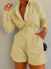Women's Bohemian Two-Piece Suit, Long-Sleeved Button-Down Top And Shorts - Light Yellow - View 2