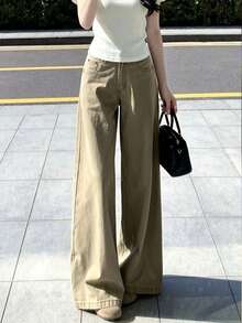 Retro American Khaki Straight Leg Loose Wide-Leg Jeans For Women, New Arrival Maxi Length Pants Casual Fall - Khaki - View 3