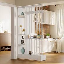 LITTLE TREE 71 Inch Freestanding Wood Room Divider, Modern Wall Partition With Open Shelves & Coat Hooks, Decorative Storage Bookcase For Home Office Entryway - White - View 2