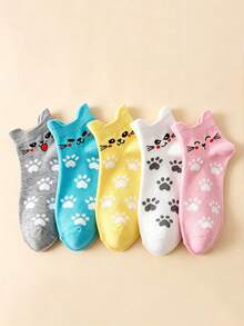 5 pares de calcetines cortos tipo barco para mujer con orejas de gato 3D, diseño de dibujos animados lindo, transpirables, versátiles, para estudiantes, uso diario, hogar y casual, multicolor - Multicolor - Ver 6