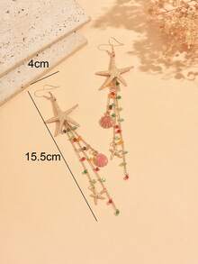 1 Pair Summer Beach Vacation Style Starfish With Colorful Rhinestone Oil-Drip Shell Tassel Earrings, Fashionable Versatile Women's Ear Jewelry Suitable For Daily Wear And Beach Party Music Festival, Rhinestone Color Is Random - Multicolor - View 4