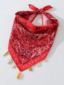 1pc Women's Fashion Summer Bohemian Paisley Print Pattern Headscarf Square Scarf, With Starfish Tropical Fish Heart Pendant, Suitable For Beach, Seaside And Daily Versatile Wear - Red - View 4