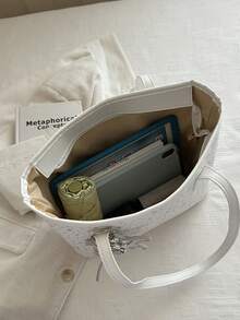1 pièce Sac à épaule de mode pour femme avec imprimé étoile, sac fourre-tout portable polyvalent de grande capacité, convient pour les rendez-vous, les achats, les sorties, les voyages, livré avec un pendentif exquis - Blanc - Voir 9