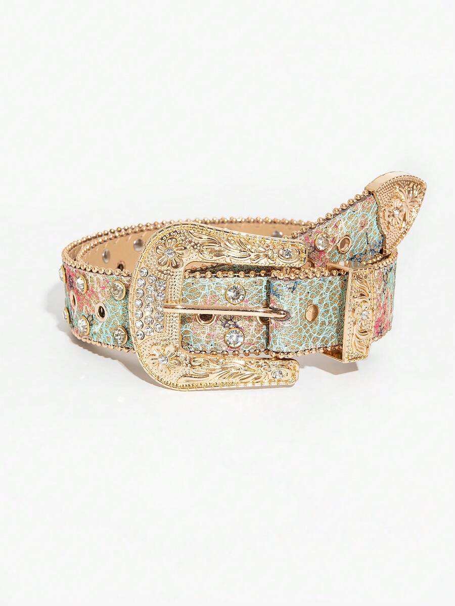 1pc Men's Western Style Matte Engraved Belt, Summer Versatile Jeans Accessory, Western Cowboy Rhinestone Buckle Belt, Floral Jacquard Strap, Exaggerated Athletic Style