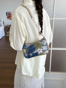 Mini Minimalist Chain Strap Solid Color Floral Pattern Shoulder Bag (Floral Position Randomly Varies) - Blue - View 5