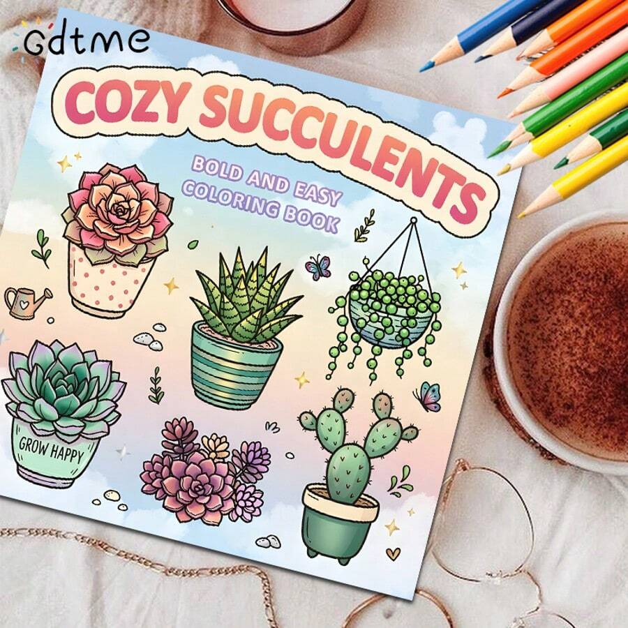 GDTME 1 Peça Livro de Colorir Suculentas Quentes, 24 Páginas em Papel Perolado Reforçado de 120g, Tamanho 7,87*7,87 Polegadas, Adequado para Iniciantes Pintarem, Aliviar o Estresse do Escritório, Interação Pais-Filhos, Ótimo Presente, Adequado para Festas e Eventos de Feriados, Aumentando a Criatividade, Belamente Projetado - DJ-008 - Visão 1