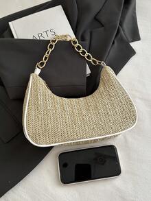 Fashion Solid Color Metal Chain Straw Crescent Women's Multi-Use Handbag Tote Bag Vacation Bag Beach Bag Casual Straw Bag Phone Bag - Khaki - View 8