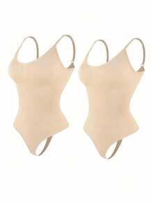 2Pcs High Waist Tummy Control Thong Bodysuit Figure - Beige - View 9