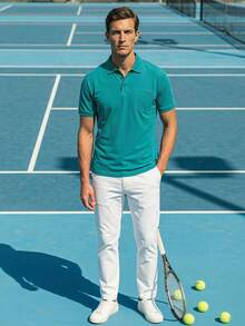 Courvante Men's Summer Solid Purple Polo Shirt, Short Sleeve Button Collared Golf Tennis Old Money Business Casual Top With Pocket - Green - View 1