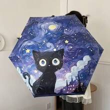 1pc Oil Painting Cat Pattern Mini Pocket Umbrella, Sun Protection And Rainproof Function, Convenient Storage, Suitable For Outdoor Use - Van Gogh Capsule Cat - View 4