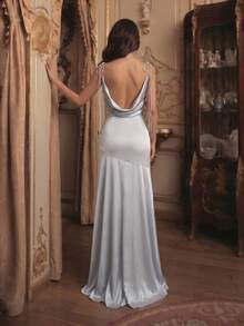 New Thin Strap Tie-Up Halter Neck Fitted Ruched Backless Sexy Maxi Dress, Women's Holiday Party Formal Evening Gown - Gray Blue - View 7