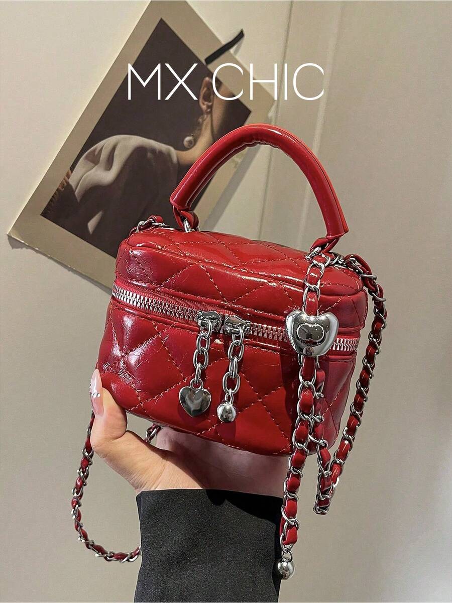 1 pieza Mini bolso de mujer de moda, unicolor, bordado con forma de rombo, bolso de bandolera adecuado para guardar tarjetas y llaves - Rojo - Ver 1