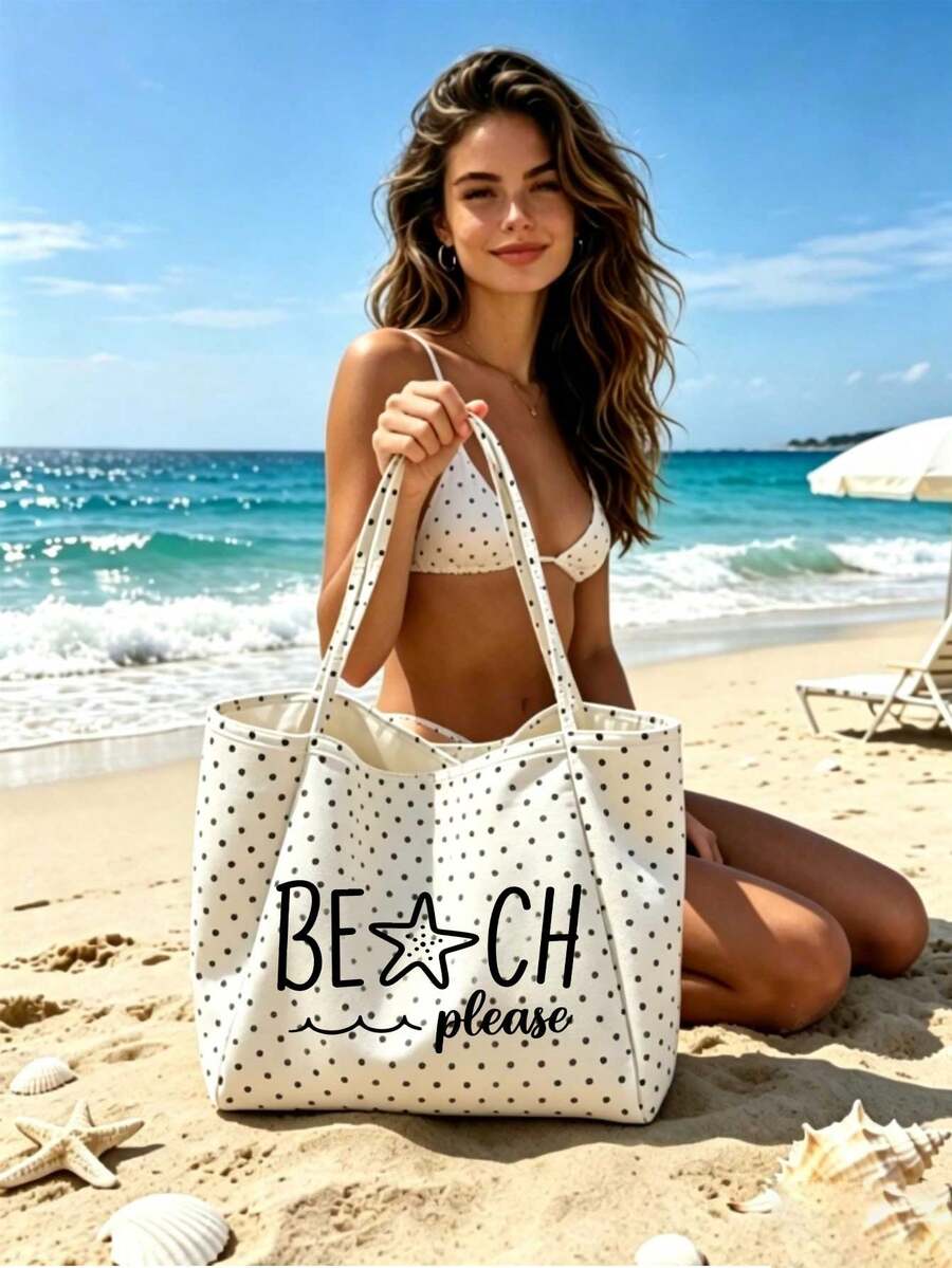 White Polka Dot Beach Tote Bag With "Beach Please" Lettering, Large Canvas Shoulder Bag, Beach Bag, Shopping Bag, Suitable For Shopping And Travel, Foldable Canvas Shoulder Tote Bag, Commuter Bag, Tablet Bag, Storage Bag, Summer Essential Travel Bag, Ideal For Beach Trips, Pool Days, Shopping And Daily Use, Perfect For Women, Travelers And Beach Lovers, Great For Spring Break, Easter, Mother's Day, Vacation And Gifts - Multicolor - View 1