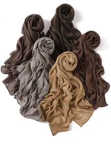 1pc Women's Solid Color Rolled Edge Pleated 100% Rayon Scarf, Fashion Casual Headscarf, Hijab - Multicolor - View 7
