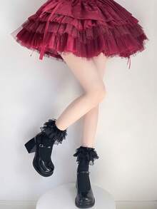 1 Pair Girls Spring/Summer Thin Lace Trim Bow Mid-Calf Socks, Lolita Y2K Versatile Daily Socks - Multicolor - View 8