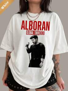 T-shirt in cotone bianca e nera per concerto dei fan del cantante spagnolo Alborán Global Tour KMOtops - Bianco - Visualizzare 1
