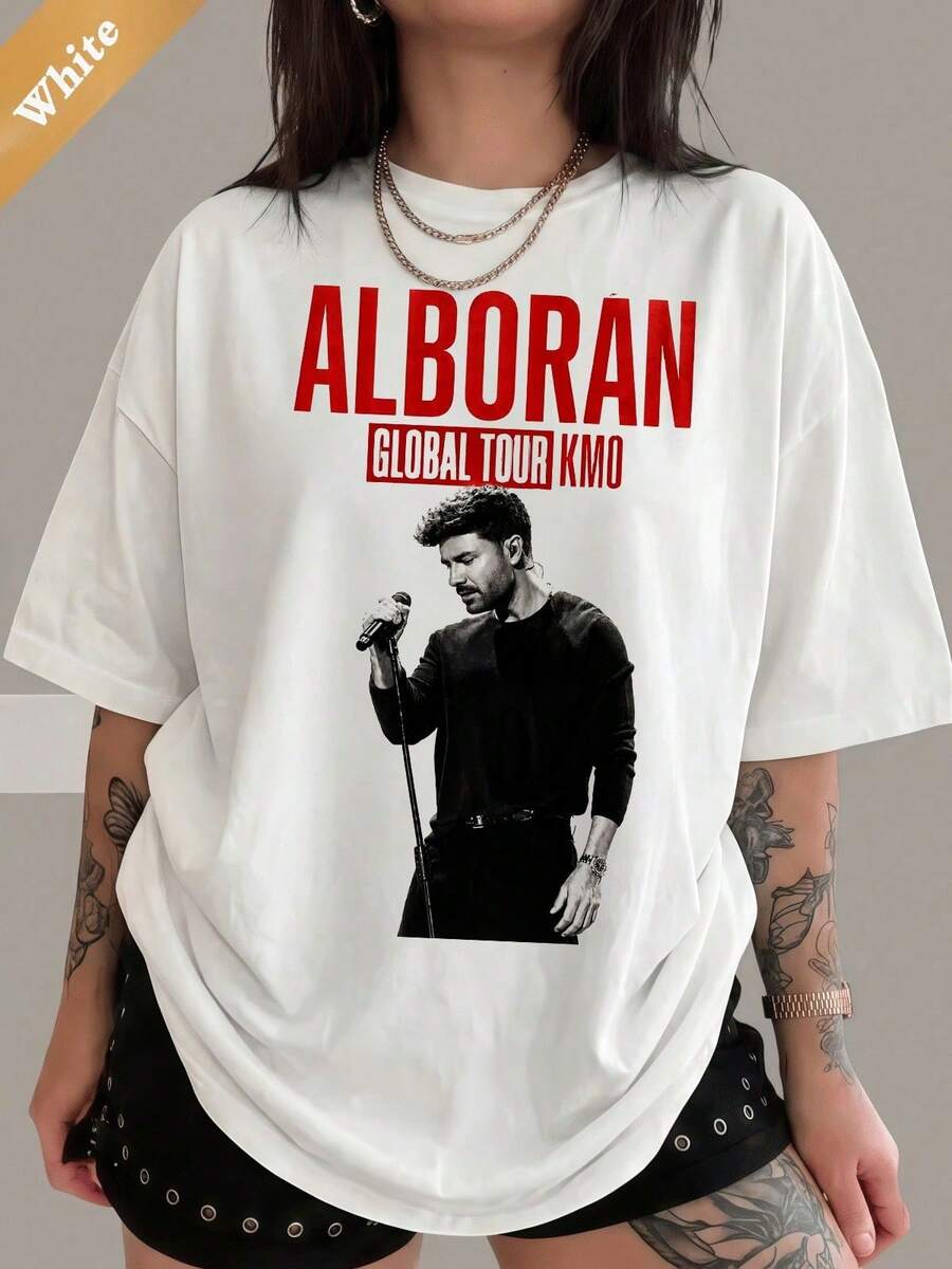 T-shirt in cotone bianca e nera per concerto dei fan del cantante spagnolo Alborán Global Tour KMOtops - Bianco - Visualizzare 1