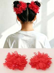 2pcs Cute Red Fabric Hair Ties With Flower And Bead Charms, Suitable For Daily Wear And Vacation - Red - View 1