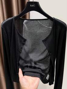 Selendang/Jaket Penutup Rajut Ringan Wanita Musim Semi/Panas, Pelindung Matahari Warna Hitam - Hitam - View 1