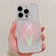 1個粉色邊框透明極簡鏡頭保護防摔防撞3D漸層粉色鬱金香圖案手機殼 個性化適用於 16 Pro Max 17/16/15/14 Plus/13/12/11 Air及系列 - 彩色 - 查看 2