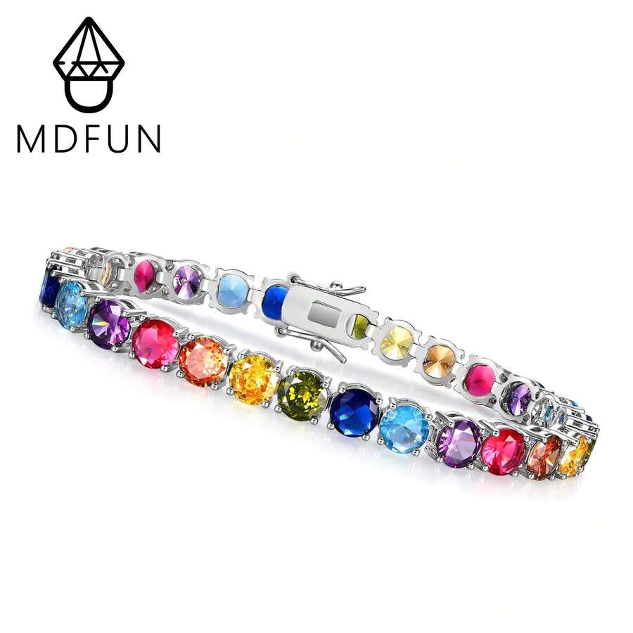 MDFUN 6毫米彩色立方氧化锆网球手链，18K白金镀层彩虹立方氧化锆网球链手链