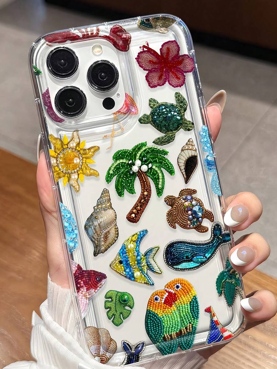 1個氣墊珠飾刺繡鸚鵡椰子樹極簡個性化TPU防摔全包手機殼，適用於Apple 17 16 15 14 13 12 11 Pro Max Air 及系列