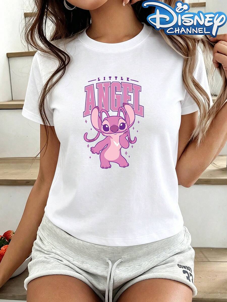Disney Lilo & Stitch "Little Angel" Print Crew Neck Tee, Cute Cartoon Character Casual Graphic Top - 白色 - 查看 1