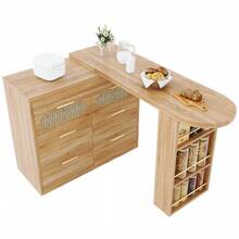 Bar Table With 6 Drawers And Doors In Synthetic Rattan, 360° Swivel Table With Anti-Tip Device, Large Storage Space, Metal Handles, Ideal Bistro Table For The Living Room, Kitchen, Dining Room Or Workspace. - Natural Color - View 9