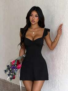 Women's Summer Solid Color Sweetheart Neckline Flutter Sleeve Fashion Mini Dress, Suitable For Daily Wear, Birthday Parties And Occasions - Black - View 6