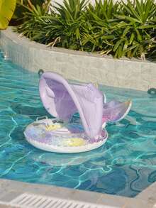 1pc Purple Starry Pattern Mermaid Tail Shaped Kids Swim Ring With Sunshade - Multicolor - View 8