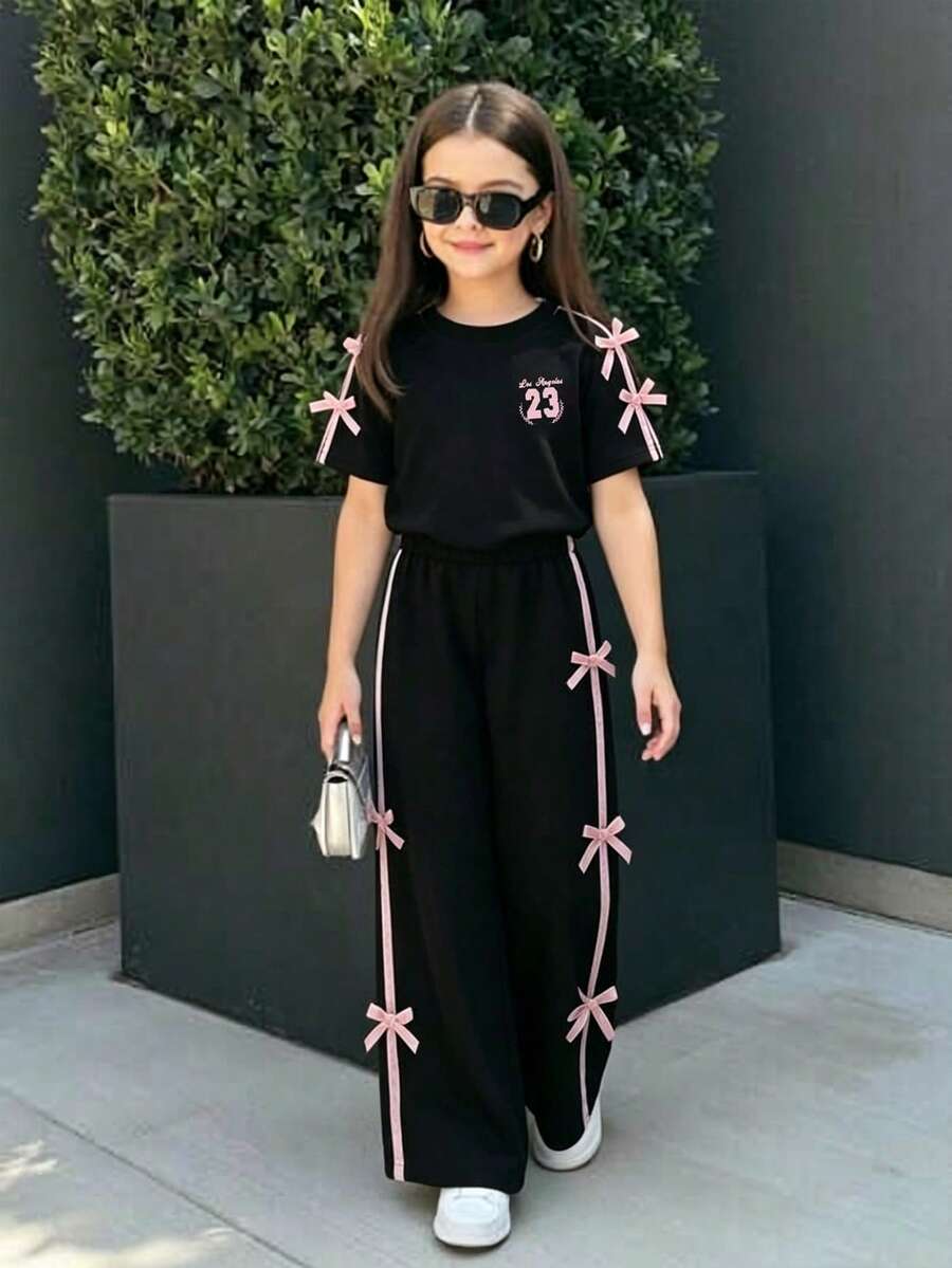 少女卡通印花圆领短袖上衣和裤子套装 - 黑色 - 查看 1