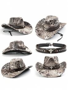 1pc Women's Original Fashionable Leopard Print Rivet Cowhide Belt Vintage Windproof Wide Brim Hat, Unisex European And American Style Western Cowboy Hat, Fashionable Minimalist Versatile Jazz Hat, Suitable For Daily Wear, Party, Western Theme Event, Gathering, Role Play, Graduation Ceremony, Costume Party, Festival, Birthday Celebration, Concert (Hat Chain Can Be Matched Individually) - Top Hat 1 - View 3