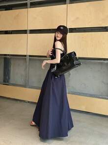 藏蓝色无袖吊带连衣裙，优雅法式风格，适合夏季女性 - 藏蓝色 - 查看 6