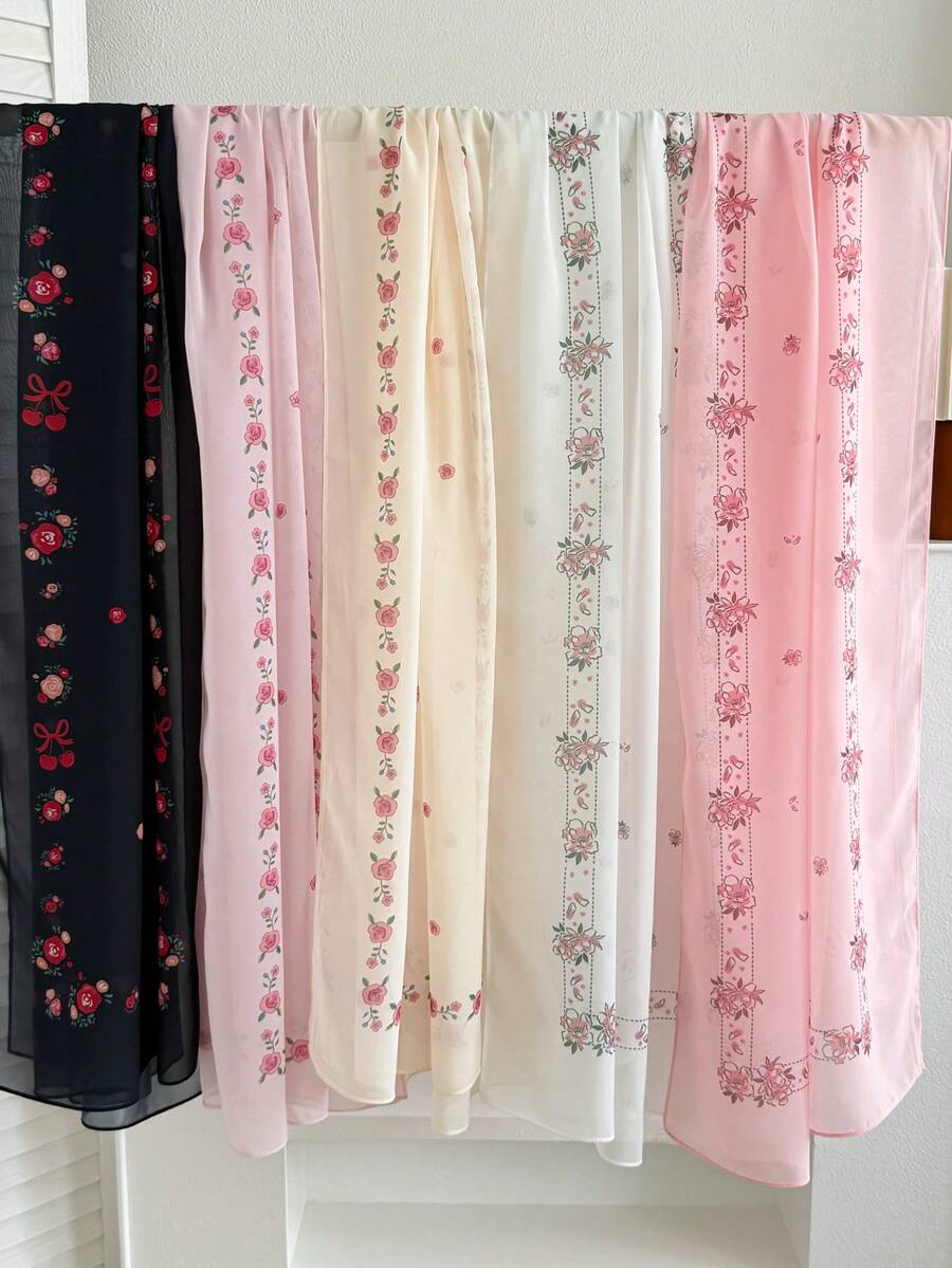 1pc Fresh Girly Style Solid Color Chiffon Embroidered Scarf, Niche Rose Embroidery Long Scarf, Multi-Functional Decorative Headscarf - Multicolor - View 1