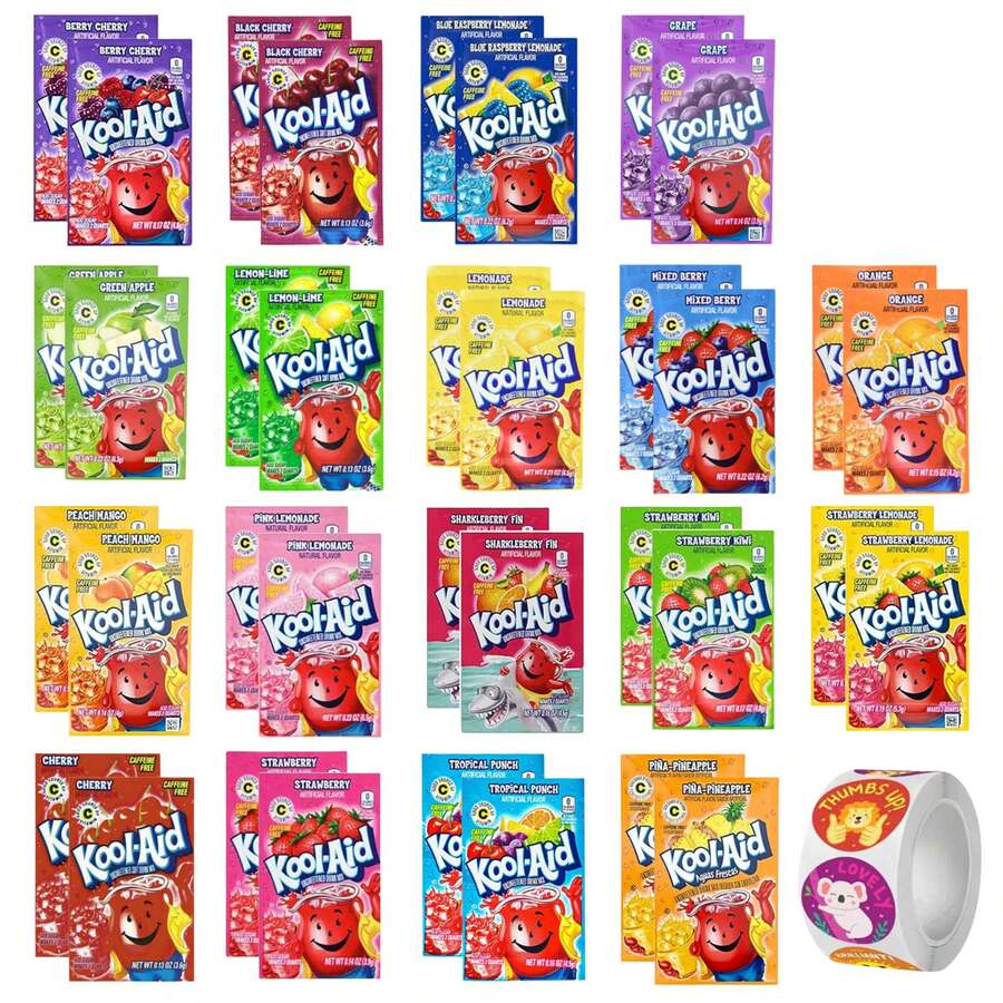 Kool-Aid Aid Packets Ultimate Variety (18 Falvors, 36 Packets) - Drink Mix - Includes Cherry, Grape, Lemonade, Mixed Berry, Strawberry, Tropical Punch And More PLUS 5 STICKERS By D.F. LUXURY - 36 - View 1